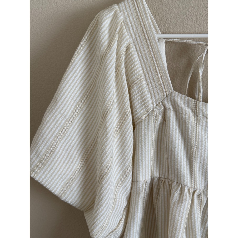 Free People Striped Babydoll Mini Dress Tan Cream Puff Sleeve Smocked Back M - Picture 2 of 8